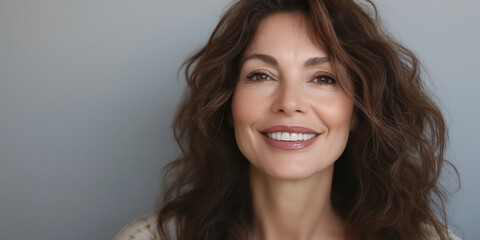 Naklejka premium Woman with curly brown hair and smile on grey background. Beauty and wellness portrait advertising