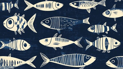 Hand-drawn blue and white fish design in Scandinavian Folk Art style with thick lines and minimalistic shapes, set against a distressed navy background for a boho, vintage vibe, perfect for wall decor