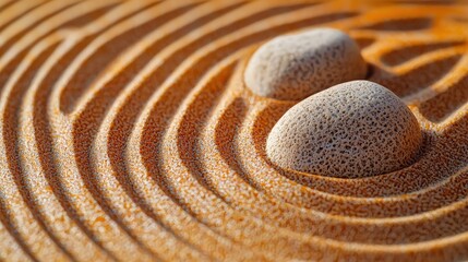 A serene composition of two smooth stones resting on rippled sand, evoking tranquility and balance in a minimalist design.