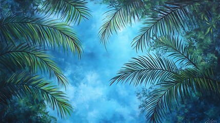 palm leaves swaying gentle breeze bright blue sky