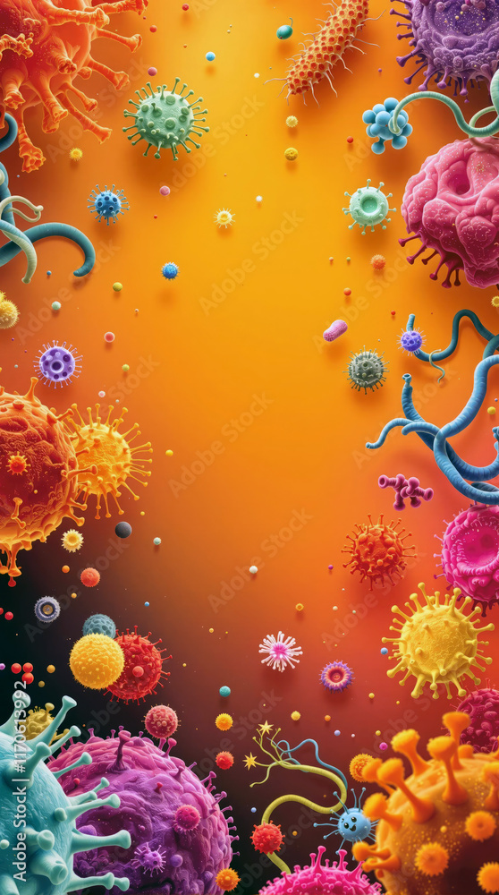 Aufkleber bright colorful virus particles vertical microscopic healthcare abstract virology pathogens immunity