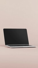 Modern laptop computer with blank screen on pink background.