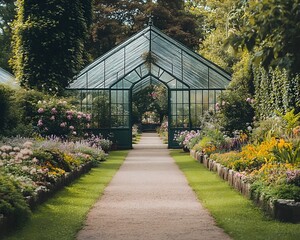 Obraz premium Serene Garden Path Leading to Greenhouse