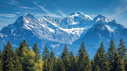 Fototapeta premium A stunning mountain landscape featuring snow-capped peaks and lush green forests under a bright blue sky.