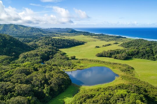 Aerial view of lush coastal wetlands  - Powered by Adobe