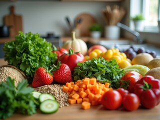 Fresh and colorful assortment of fruits and vegetables on kitchen counter preparing for healthy meal