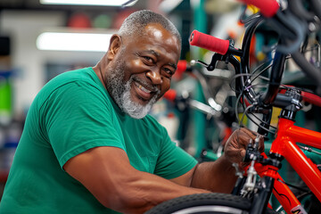 A man is smiling while fixing a bicycle