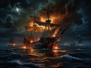 Obraz premium Dramatic maritime scene of tall ships engaged in a fierce battle on the high seas, with fiery explosions and turbulent ocean waves