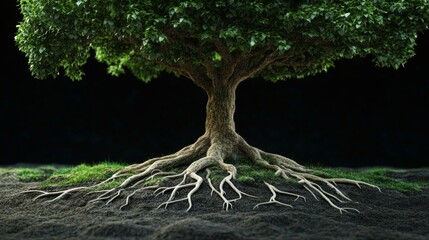 Obraz premium 120.A beautifully rendered tree with an intricate root system, showing the full depth and spread of its roots below the surface. The treeâ€™s dense canopy and detailed bark texture add richness,