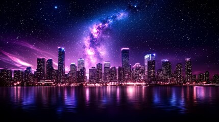 Fototapeta premium A city skyline at night with blurred lights, twinkling softly into the sky, blending the glow of buildings with the stars above. Night cityscape, blended lights, soft focus