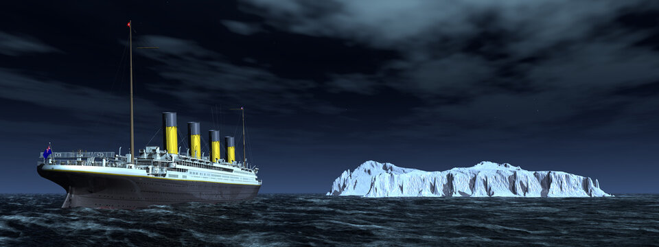Historisches Passagierschiff RMS Titanic und Eisberg