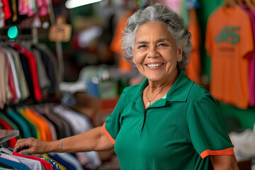 Obraz premium A woman in a green polo shirt stands in front of a rack of clothes