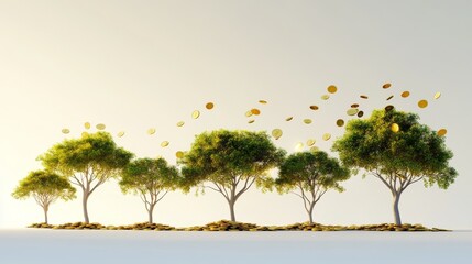 Obraz premium 76.A series of 3D-rendered trees arranged from smallest to largest, each tree releasing gold coins that fall around them. The scene captures the concept of money investment, with the progressively