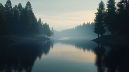 Fototapeta premium Misty dawn reflecting on a tranquil lake surrounded by towering evergreen trees