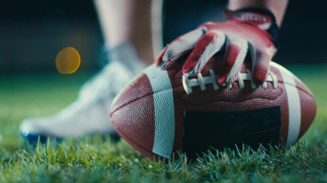 Close-up of an American football player wearing gloves, holding a ball on a grassy field under bright stadium lights at night