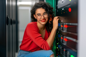 A woman in a red shirt is leaning over a server rack