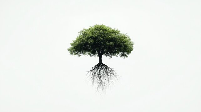 17.A striking visual of a green tree floating freely in space, with its roots hanging downward, detailed and lush in texture. The pure white background creates an ethereal feel, making the treeâ€™s
