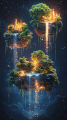 Naklejka premium A series of floating isometric islands representing ecosystems: one with lush forests, another with cascading waterfalls, and a third with glowing urban lights