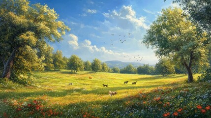 22.A vibrant, sunlit field with large, leafy trees providing shade over colorful flowers. Birds are flying playfully in the blue sky, and dogs run freely across the grass, embodying the carefree