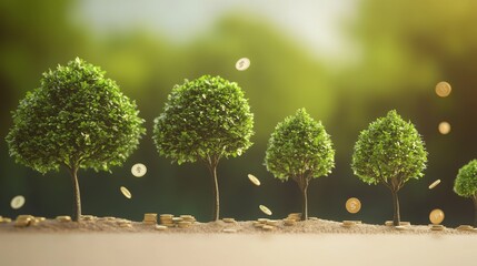 90.A visually engaging 3D scene featuring a lineup of trees growing progressively larger, with coins dropping from the branches. The gradual increase in tree size represents financial growth, with