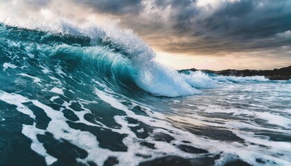 Serene Foamy Waves Rolling Up on a Tranquil Ocean Shoreline at Sunset, Capturing the Beauty of Natures Rhythm and the Soothing Sound of Water in Motion