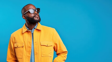 Stylish Man in Yellow Jacket Studio Portrait Vibrant Blue Background Confident Expression
