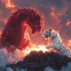 Fiery red dragon versus white tiger, volcanic scene.