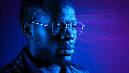 Portrait of a black man in glasses in neon blue lights