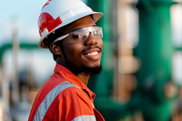 A man wearing a red and white safety suit and a hard hat is smiling