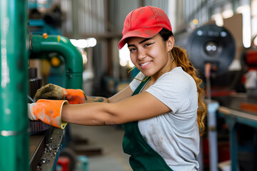 A woman wearing a red hat and a green apron is smiling