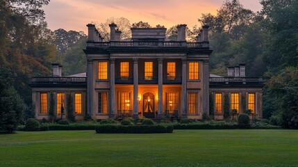 Obraz premium Grand Mansion Illuminated at Sunset Dusk