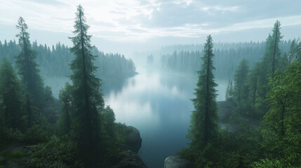Fototapeta premium Overview of the flowing river in the middle of a dense misty forest with towering trees. Magical perspective of the river in the misty forest