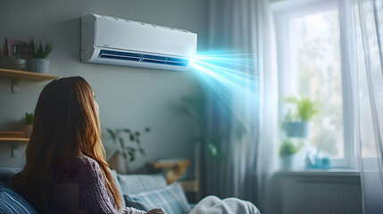 Woman who's sitting on sofa under warm plaid in living room switches off her air conditioner on wall. Young girl adjusting modern AC system, regulating temperature and enjoying cool fresh air at home