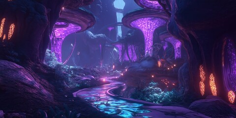 Fantasy Forest with Glowing Neon Mushrooms and Enchanted Path