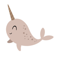 Narwhal clipart. Cute Arctic animal clipart. Hand draw vector illustration in flat style