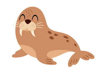 Walrus clipart. Cute Arctic animal clipart. Hand draw vector illustration in flat style