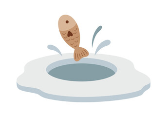 Fish in an ice hole, cute seasonal object. Hand draw vector illustration in flat style