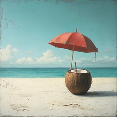 coconut straw umbrella sandy beach