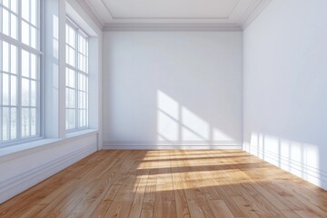 Obraz premium A white room with a brown wooden floor, white walls, and a window on the left side.