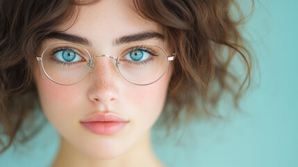 Fototapeta premium Portrait of young Caucasian woman with curly hair and glasses against teal background