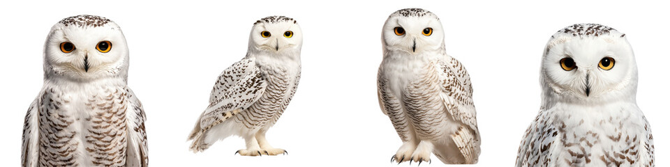 Fototapeta premium Majestic Snowy Owl Perched on Branch in Winter Forest Beautiful white and gray feathered owl with piercing eyes alert and observant sitting on a tree branch in a snowy wooded environment