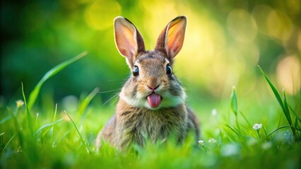 Fototapeta premium Adorable Rabbit Sticking Out Tongue in Grass - Tilt-Shift Photography, Cute Animal Portrait, Nature Photography, Playful Bunny, Close-Up Wildlife Shot