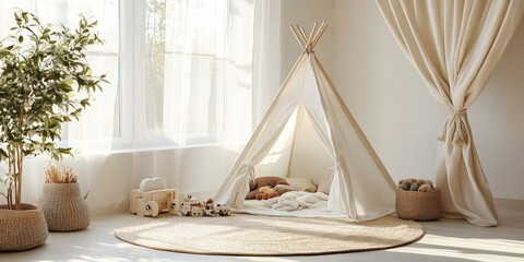 A cozy and minimalist child's room with a white tent and warm decor, ideal for showcasing nursery design or child-friendly interior concepts.