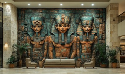 Large Egyptian mural, lounge seating, potted plants.