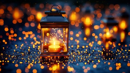 Twinkling lanterns scattered across a field, each light blurred into a glowing constellation against a deep blue night sky, Blurred Light, Dreamy Night Atmosphere