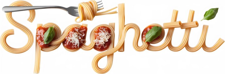 Playful typography design with "SPAGHETTI" formed by spaghetti noodles topped with marinara sauce, Parmesan, and basil