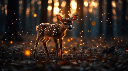 A deer with antlers is standing in the woods
