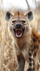 Obraz premium A close-up of a hyena showing its teeth in a grassy environment.