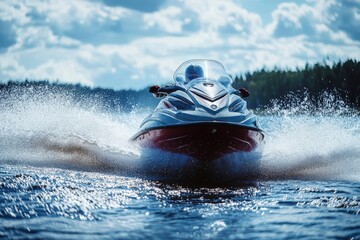 Fototapeta premium A powerful jet ski speeds across the water, creating splashes under a bright sky, surrounded by lush greenery.