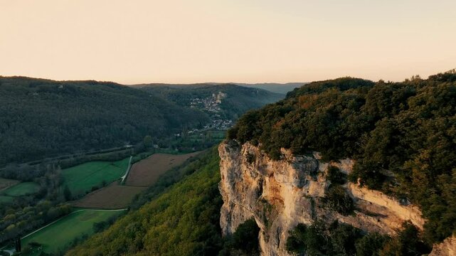 Wide drone view of Castelnaud la Chapelle with the river and Beynac, ceou valley near Sarlat la Candeda